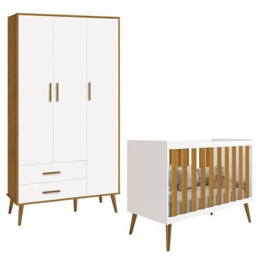 Imagem de Berço Americano E Guarda Roupa Infantil 3 Portas Isis Branco Acetinado Savana - Reller
