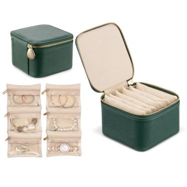 Imagem de Vlando Organizador pequeno de caixa de joias de viagem - 6 bolsas pequenas com zíper para joias, colares, anéis, brincos, colar, armazenamento de triagem, verde escuro