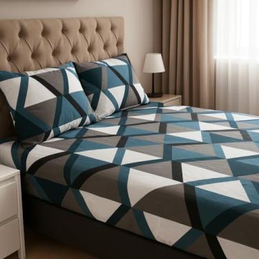 Imagem de Jogo de Lençol Casal 3 Peças Estampado 150 Fios com Elástico + Fronha de Zíper – Ideal para Cama Box e Padrão, Macio para Dormitório (Modelo - 7)