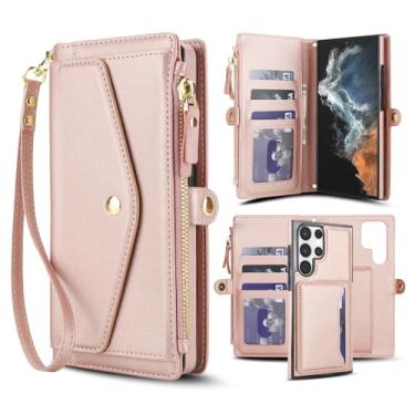 Imagem de Capa carteira para Samsung Galaxy S23 Ultra, capa flip magnética destacável com compartimentos para cartões, bloqueio RFID, suporte e alça de pulso, capa protetora para celular (ouro rosa)