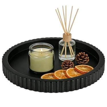 Imagem de Bandeja de mesa de café, bandeja de servir de madeira preta feita à mão de 28 cm para decoração de mesa, bandeja decorativa de mesa de escritório e borda ondulada elegante