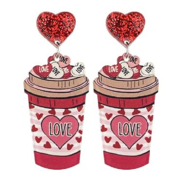 Imagem de Conjunto de brincos de acrílico para o Dia dos Namorados com glitter, amor, formato de coração, para mulheres, gatinho, cachorro, batatas fritas, leite, chá, xícara de café, brincos pendentes para