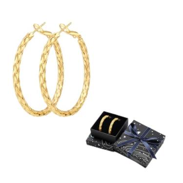 Imagem de Brincos de argola torcidos grossos banhados a ouro 14K para mulheres - argolas de tubo trançado de corda grossa, joias hipoalergênicas de latão altamente polido (30 mm/40 mm), Gold 40mm, Metal, Sem