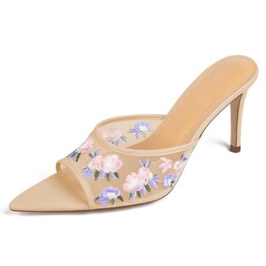 Imagem de JANSEVEN Sandálias femininas de malha de salto alto floral mules salto alto com bordado florido aberto bico fino sem cadarço confortável sapato social moderno, Nude., 38