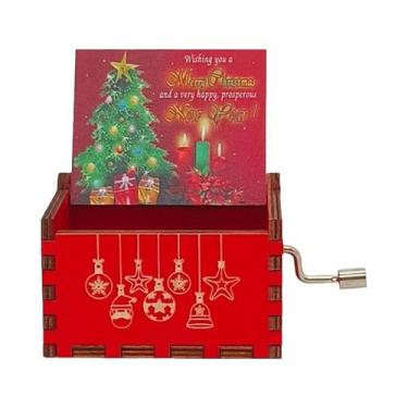 Imagem de Caixa De Música De Madeira Esculpida Com Manivela Tema Feliz Natal Pre