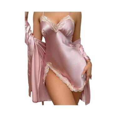 Imagem de Conjunto De Pijama Feminino Em Cetim Liso Com Manga Longa, Robe Com De