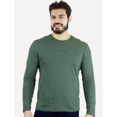 Imagem de Camiseta Calvin Klein Jeans Masculina Manga Longa Institutional Grey Logo Verde Médio-Masculino