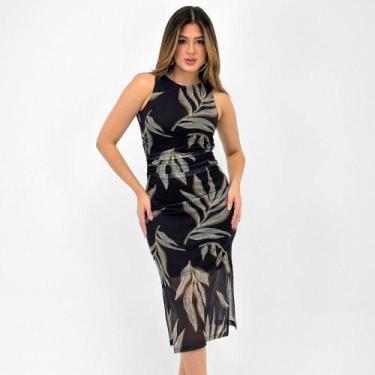 Imagem de Vestido Fato Básico Midi Estampado em Tule Feminino, GG, Preto, Estamp