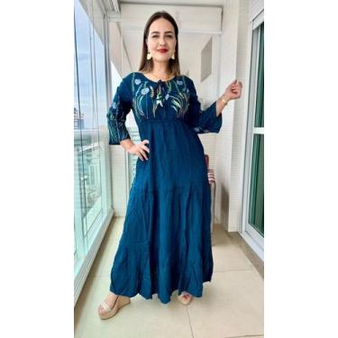 Imagem de Vestido Longo Indiano Bordado Manga Longa cod 01 - Aleci Fashion, Azul