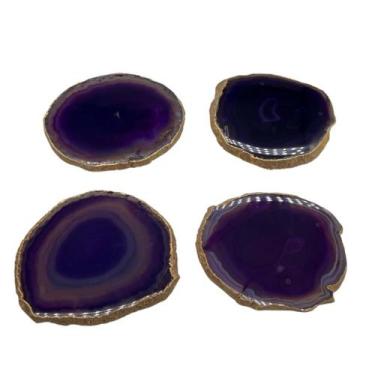 Imagem de Porta copo chapa de ágata tingido violeta - borda banho de ouro - (peç