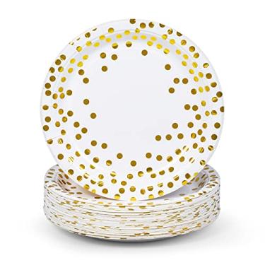 Imagem de Pratos de papel de festa, pacote com 50 placas brancas e douradas descartáveis, bolinhas de folha, 22 cm