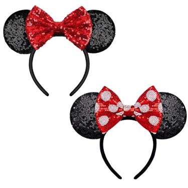 Imagem de YUNISS 2 PCS Minnie Mickey Ears, Shiny Sequin Bow Mouse Ears Headbands for Adult Women Girls Christmas Birthday Party (Red&dot bow)