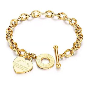 Imagem de MAXBROTHERS, moda feminina, corrente O palavra corrente pêssego coração amor titânio pulseira de aço (ouro)