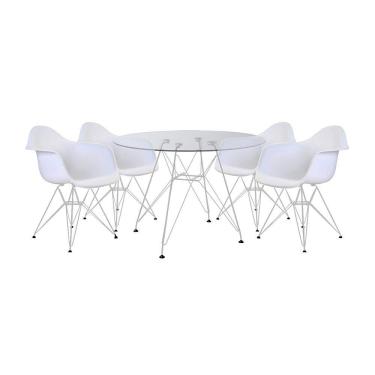 Imagem de Mesa de Jantar Eames Eiffel Vidro Redonda 110cm com 4 Poltronas Brancas Ferro Branco