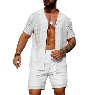 Imagem de URRU Conjunto masculino de 2 peças de verão para praia, transparente, manga curta, floral, renda, conjunto de camisetas e shorts, Branco, GG
