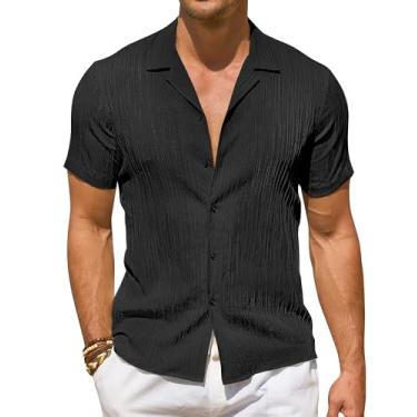 Imagem de DEMEANOR Camisas de linho masculinas de manga curta camisa de linho texturizada casual abotoada camisas de praia de verão de linho, Preto, 4G