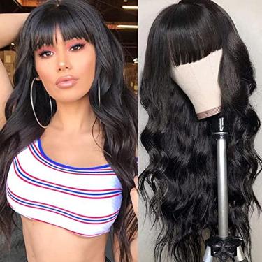 Imagem de QD-Tizer Peruca preta de cabelo ondulado natural com franja, resistente ao calor e perucas pretas longas sintéticas para mulheres