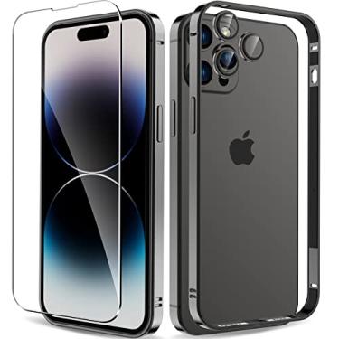 Imagem de sorlnern Capa para iPhone 14 Pro com moldura de metal de alumínio, capa rígida fina e amortecedor interno macio, protetor de tela de vidro temperado e protetor de lente de câmera (preto)