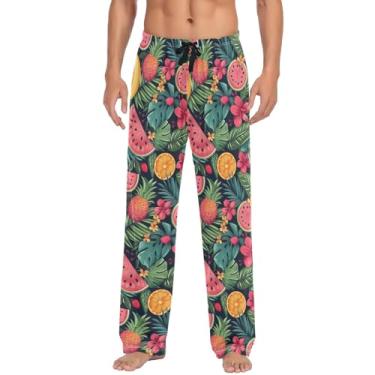 Imagem de Calça de pijama masculina para dormir, calça de pijama masculina para pai, irmão, marido, namorado, Flores tropicais e melancias, P