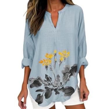 Imagem de Camisa feminina de algodão e linho com estampa floral, gola V, manga comprida, plus size, tops de verão para sair, Cinza, P