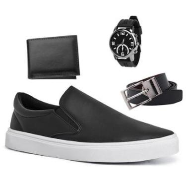Imagem de Kit Tenis Slip On Masculino Sapatenis Sem Cadarço Calce Facil Confort + Relogio + Cinto + Carteira-Masculino