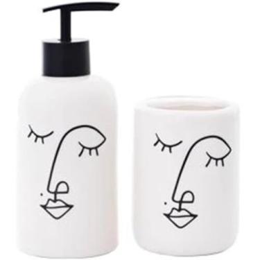 Imagem de Kit Jogo Banheiro 2 Peças Porcelana Porta Escova e Sabonete Liquido Faces 320ml - Wincy