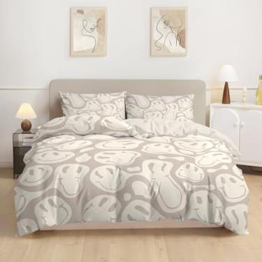 Imagem de Watbro Capa de edredom infantil tamanho casal, conjunto de cama hippie retrô, conjunto de cama de microfibra macia com fecho de zíper e laços de canto, roupa de cama feminina com fronha - bege claro,