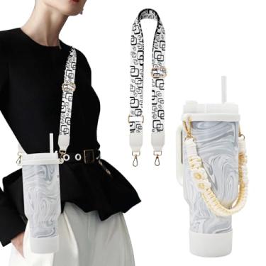 Imagem de MOKICE Alça Paracord para copo Stanley 40/30/567 g, alça de ombro para Owala/Hydroflask/Simple Modern/Yeti Tumbler, alça com suporte para a maioria das garrafas de água de 227 a 1,134 g (branco/preto)