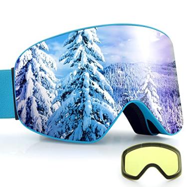 Imagem de Dizokizo Óculos de Esqui Cilíndricos Esqui Snowboard Lente Anti-embaciamento 100% Proteção UV Tripla Respirável Espumas Alça em Relevo para Mulheres Homens REVO Azul