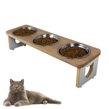 Imagem de Comedouro Pet Gato Elevado Triplo MDF Linha Basic - Amadeirado - Mader