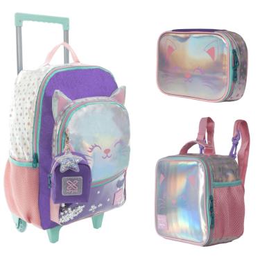 Imagem de Kit Mochila Rodinha Gatinha Tween Lancheira Estojo Escolar 13960