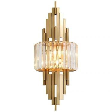 Imagem de HHTTXXYY Arandela de parede de cristal moderna de 2 luzes, luminárias de parede douradas de luxo arandela de parede interna de cristal para quarto, sala de estar, banheiro, espelho de luz