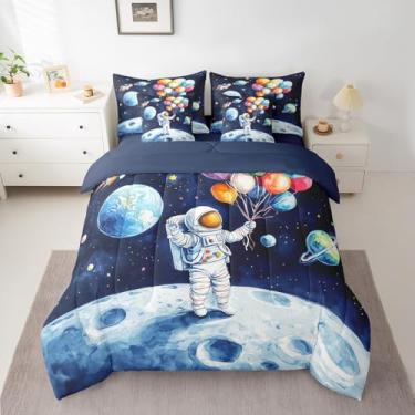 Imagem de Castle Fairy Jogo de cama solteiro de astronauta, planetas do universo sideral, 7 peças com edredom, lençol de cima, 2 fronhas, 2 fronhas, 2 fronhas, balões em aquarela