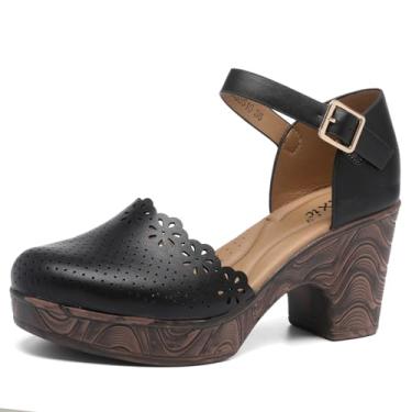 Imagem de Altxic Sandália feminina fechada de bico redondo vazado com tira no tornozelo e fivela de salto baixo, Preto, 38