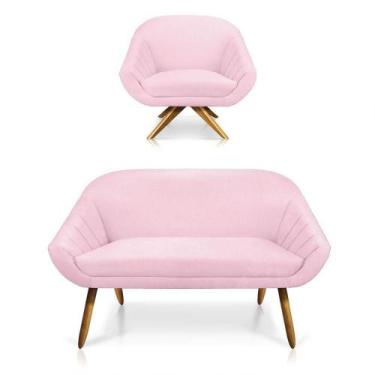 Imagem de Kit 01 Namoradeira 02 Lugares E 01 Poltrona Giovana Suede Rosa Bebê - 