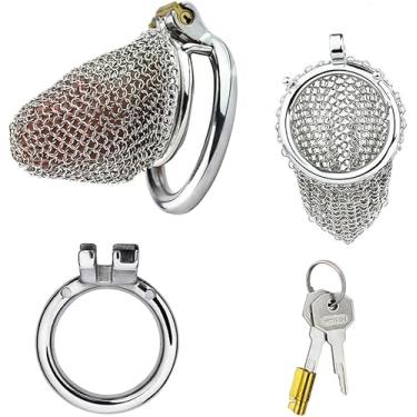 Imagem de Gaiola para pênis de aço inoxidável, cinto de castidade de malha respirável para homens, incluindo 4 tamanhos de anel para escolher entre brinquedo sexual de metal(Circular Ring 45mm)