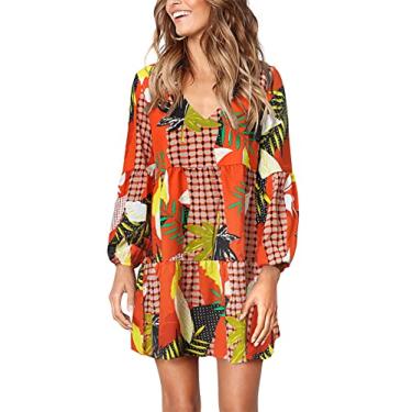 Imagem de Amoretu Vestido túnica feminino, manga comprida, gola V, casual, solto, rodado, rodado, Geometria laranja, P