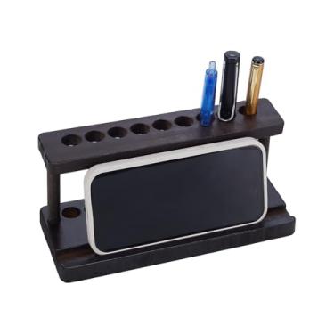 Imagem de HOBBIESAY Porta-lápis de madeira com 9 furos, 20 cm, suporte para exibição de caneta de madeira, organizador de canetas-tinteiro, marrom, para escola, escritório, casa, mesa, organização