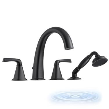 Imagem de Torneira de banheira romana de alto fluxo com chuveiro de mão, torneira de banheira de montagem em deck preto fosco 4 furos com válvula, torneiras de banheira generalizadas de latão sólido com 2 alças