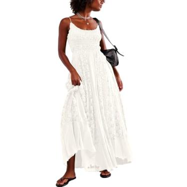 Imagem de Gacaky Vestido de verão feminino casual renda floral bordado boêmio maxi vestido rodado evasê praia vestido longo, Branco, GG