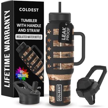 Imagem de Copo Coldest com alça e canudo, copo isolado 100% à prova de vazamento com tampa e canudo (3 tampas), copos de aço inoxidável para mulheres e homens, compatível com porta-copos, 1,304 g (bandeira de
