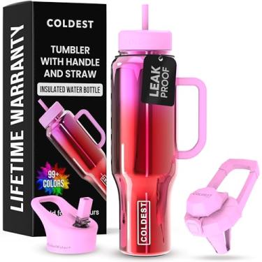 Imagem de Copo Coldest com alça e canudo - Copo 100% à prova de derramamento com canudo (3 tampas) - Copos isolados de aço inoxidável à prova de vazamento para mulheres e homens - Adequado para porta-copos