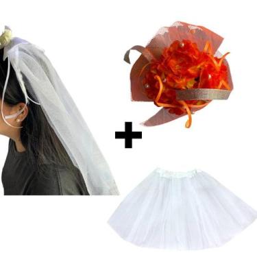 Imagem de Fantasia Noivinha Caipira Completa Festa Junina Kit Véu Buquê e Saia D