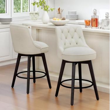Imagem de Vipbear Conjunto de 2 bancos de bar modernos de 66 cm, bancos giratórios de altura com encosto alto, banqueta de bar estofada bege escuro, cadeira de bar com encosto alto, pernas de madeira para sala