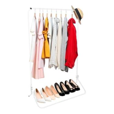 Imagem de Arara Cabideiro De Pendurar Roupa Roupas Com Sapateira De Chão, Ideal Para Quarto, Loja, Closet, Cor Branco