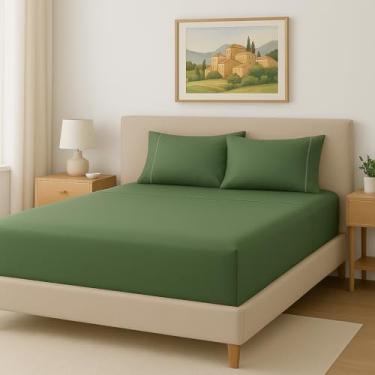 Imagem de Lençol King 3 Peças 300 Fios 100% Algodão Egípcio – Lençol com Elástico + 2 Fronhas com Ponto Palito (Verde)