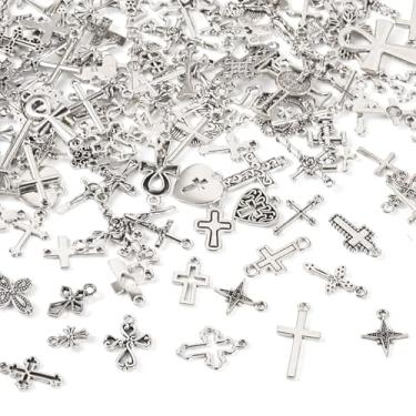 Imagem de Craftdady 129 peças, colar de cruz, pingentes tibetanos antigos de prata com pingente de cruz de liga metálica, pingentes de chaveiro dourado, pingentes para fazer joias artesanais, Metal não precioso