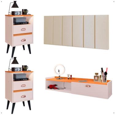 Imagem de Kit Quarto 2 Mesinhas Mesa Lateral Cama Penteadeira Suspensa Camarim Off White/Cinamomo Cabeceira King Size 1,95 Estofada Areia Suede - Lojas RPM