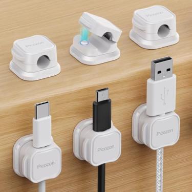 Imagem de Pacote com 6 prendedores magnéticos para cabos, organizador de cabos, gerenciamento de cabos Picozon adesivos, carregador USB para celular, organizador para mesa de escritório e casa - branco