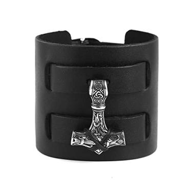Imagem de HAQUIL Pulseira Viking para homens, pingente Viking Mjolnir, pulseira de couro larga preta nórdica, joias Viking para homens